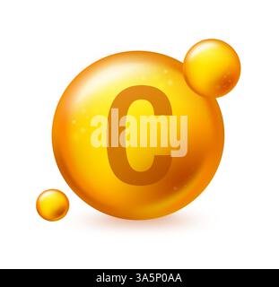 Vitamin C gold shining pill capcule icon. Pill capcule vector illustration on white isolated background Stock Vector