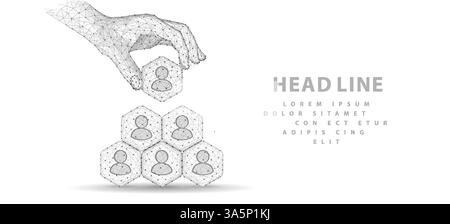 HR manage. Abstract 3d human hand hold leader icon in hexagon on top of people pyramid. Manage human resurse, team leader, recruitment process, change Stock Vector