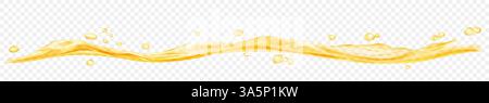 Long translucent water wave with drops, in yellow colors, isolated on transparent background. Transparency only in vector file Stock Vector