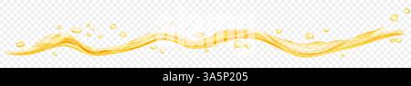 Long translucent water wave with drops, in yellow colors, isolated on transparent background. Transparency only in vector file Stock Vector