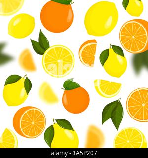 Oranges and lemons falling from different angles. Citrus pattern. Flying Orange and Lemon with green leaf on transparent background. Focused and Stock Vector