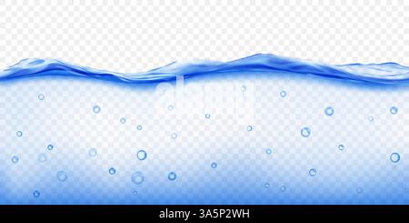 Translucent blue water wave with air bubbles floating inside, isolated on transparent background. Transparency only in vector file Stock Vector
