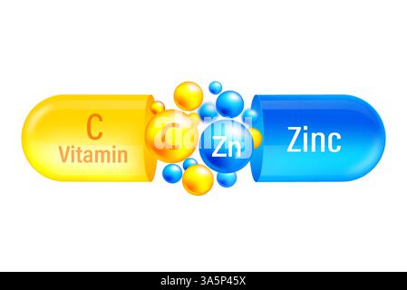 Vitamin complex Zink and vitamin C. Yelllow capsule and blue with vitamin C and mineral of zink on white background. Vector illustration Stock Vector