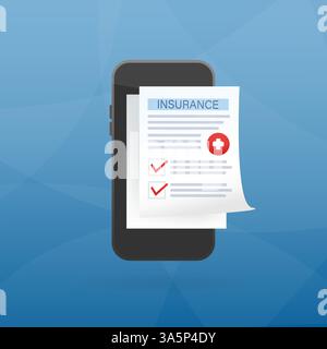 Flat illustration with medical insurance smartphone for healthcare design. Mobile device concept. Flat infographic. Vector illustration. Stock Vector