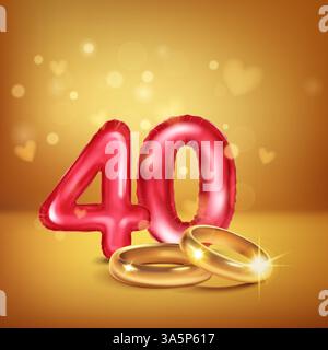 A red number 40 in the form of an inflatable balloons with gold wedding rings, symbolizing the celebration of the fortieth wedding anniversary, set on Stock Vector