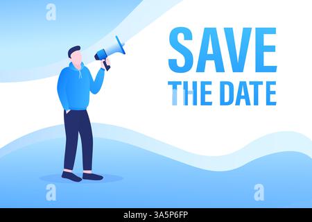 Template with blue save the megaphone on white background for flyer design. Vector illustration in flat style. Stock Vector