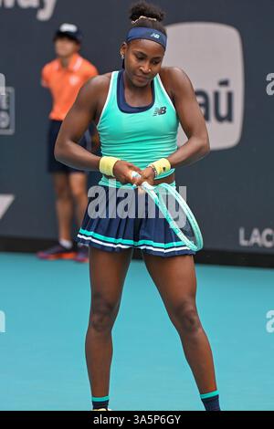 Miami Gardens, USA. 22nd Feb, 2025. Mar 22, 2025; Miami Gardens, FL, USA; Coco Gauff of the United States reacts to the crowd at the Miami Open tennis tournament at Hard Rock Stadium on Saturday March 22, 2025, in Miami Gardens, FL. Mandatory Credit: Rick Munroe/Sipa USA Credit: Sipa USA/Alamy Live News Stock Photo
