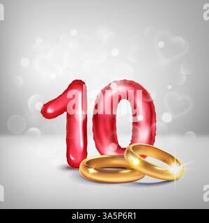 A red number 10 in the form of an inflatable balloons with two gold wedding rings, symbolizing the celebration of the tenth wedding anniversary, on a Stock Vector