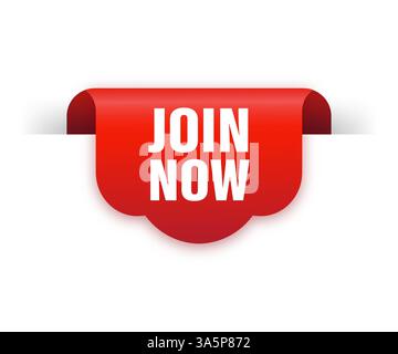 Join now red ribbon isolated on white background. Vector illustration. Flat style illustartion. Stock Vector