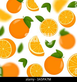 Oranges falling from different angles. Orange citrus background. Flying Orange with green leaf on transparent background. Focused and blurry fruits Stock Vector