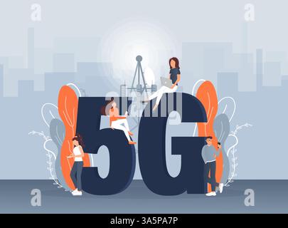 Flat 5g people on light background. Digital communication. Internet technology. Stock Vector