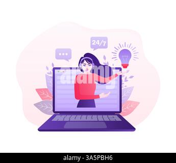 Telephone operator. Cartoon character. Support service icon. Online support call center. Customer service. Vector illustration, virtual business Stock Vector