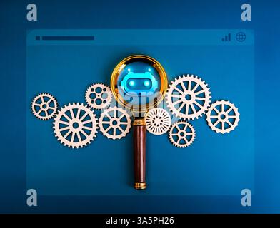 AI searching tools, development and management technology assistance service support concept. Bot icon in magnifying glass lens surrounding many gear Stock Photo