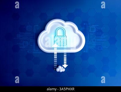 Cloud computing infrastructure technology, data system storage service concept. Digital lock icon on white big cloud with transfer arrows to small one Stock Photo