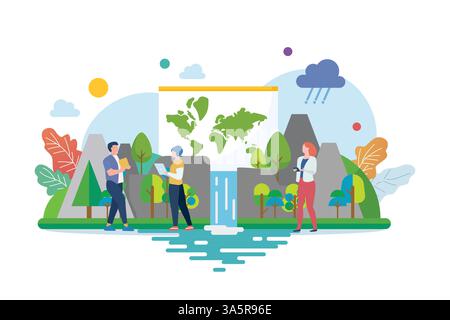 Geography class with miniature people. Studying the lands, features, inhabitants of the Earth Stock Vector