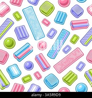 Vector Bubble Gum seamless pattern, decorative repeat background with illustration of variety bubblegums and soft candies, square poster with group of Stock Vector