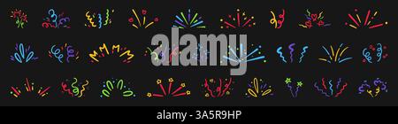 Colorful doodle confetti bursts collection. Fireworks explosions with stars and hearts. ribbon streamers hand drawn vector illustrations set. Festive party decorations, holiday design elements. Bright Stock Vector