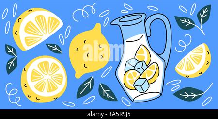 Lemons and lemonade jug pattern on blue background. Flat vector illustration of yellow citrus fruit, mint leaves, fresh fruit juice or cocktail in jar, abstract spiral lines, summer bar menu design Stock Vector