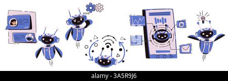 Cute chatbot AI characters set performing various actions - analyzing data on screen, having idea, communicating and thinking. Friendly robot assistants for user support, virtual help service, FAQs. Stock Vector