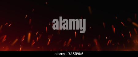 Burning hot sparks and glowing embers fly up. Fiery abstract background with bright red fire particles on black. Bonfire flames, fireworks, heat or welding sparks with dark dramatic atmosphere. Stock Vector
