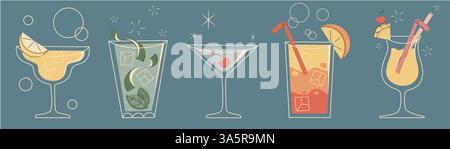 Retro cocktail glasses set isolated on background. Vector illustration of vintage party bar menu, mojito beverage, cups of alcoholic drinks with lemon, orange, cherry, pineapple pieces and straws Stock Vector