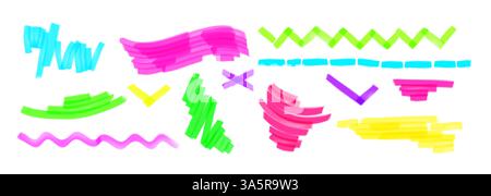 Highlight marker lines set isolated on white background. Vector realistic illustration of color felt pen marks, doodle wave, check, zigzag, cross strokes, bright scribbles for school banner design Stock Vector