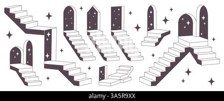 Retro stairs collection - stone steps, spiral staircases, arched passages with stars. Straight, winding ladders architecture design elements. Vector vintage building interior illustrations set. Stock Vector