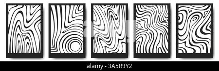 Abstract zebra pattern collection - optical illusion stripes, wavy lines, twisted curves, psychedelic swirls. Black and white warped background for cover, poster, banner design. Hypnotic textures pack Stock Vector