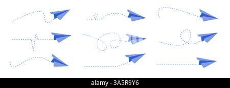 Blue paper plane arrows and dotted line paths on white background. Origami aircraft, simplistic airplane icons, dash trajectory trails. Cute air travel, transportation concept vector illustration. Stock Vector