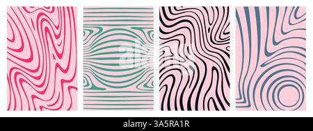 Optical illusion wave patterns set - topographic curves, zebra stripes, twisted lines, spirals. Abstract psychedelic vector background for flyer, cover design. Hypnotic wavy striped texture collection Stock Vector