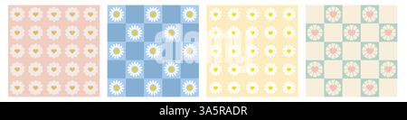 Checkered background retro style with cute daisy or chamomile flowers Stock Vector