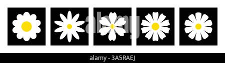 Daisy chamomile on black backdrop icon set. Stock Vector