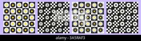 Trendy checkerboard seamless pattern set with daisy flowers Stock Vector