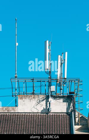 Mobile telephony base station and signal repeater antenna on building ...