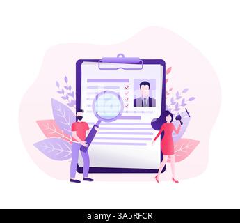 Resume people in flat style. Mobile app application. Flat isometric vector illustration. Laptop screen. Vector data. Stock Vector