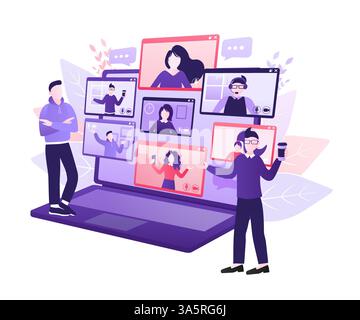 Flat illustration. Video conference. Video call between friends, chatting online by mobile app. Stay at home, work, communication remotely. Vector Stock Vector