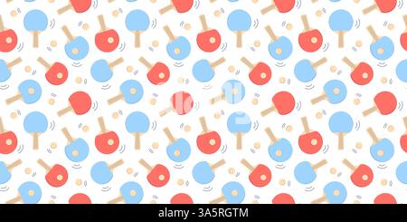Seamless pattern with rackets and a table tennis ball. Sports equipment for ping-pong. A repeating print. Bright colored elements. Sports competitions, World Table Tennis Day. Stock Vector