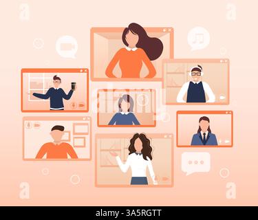 Flat illustration. Video conference. Video call between friends, chatting online by mobile app. Stay at home, work, communication remotely. Vector Stock Vector
