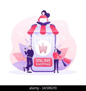 Line shopping people, great design for any purposes. Phone icon vector. Cartoon flat vector illustration. Online delivery phone concept. Stock Vector