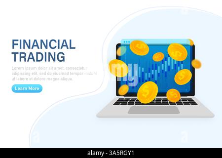 Financial trading banner in flat style. Investment trading in the stock market. Investment graph using funding business on laptop. Vector illustration Stock Vector