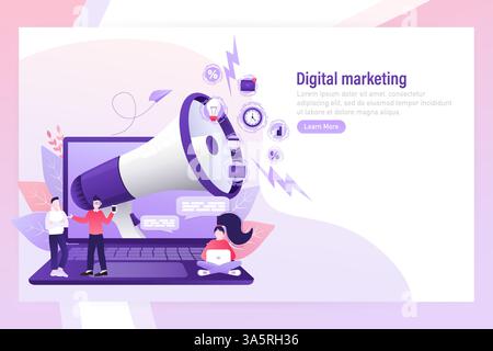 Digital marketing people megaphone in abstract style. Flat vector illustration. Social media marketing. Stock Vector