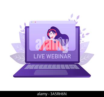 Live webinar laptop people. Laptop, video tutorial. Computer screen. Online school. Video conference illustration. Internet technology. Online Stock Vector