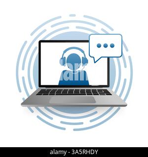 Online educational vector logo on a white background. Person in laptop with headphones. Vector illustration. Stock Vector