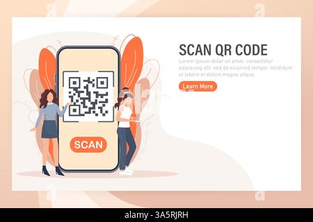 Scan qr code people, great design for any purposes. 3d vector background. Flat design. Vector character illustration. Stock Vector