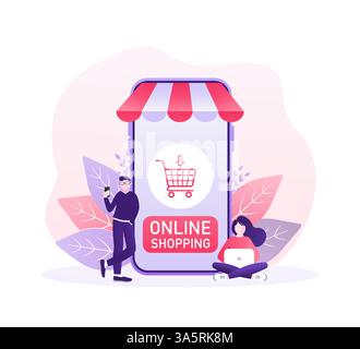 Line shopping people, great design for any purposes. Phone icon vector. Cartoon flat vector illustration. Online delivery phone concept. Stock Vector
