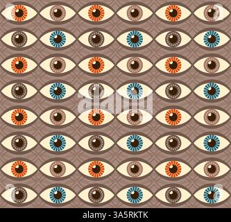 Colorful Geometric Eye Pattern with Diverse Iris Designs, retro mid-century style, seamless vector pattern rows of stylized monster eyes with varying Stock Vector