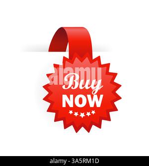 Buy now red badge isolated on white background. Red label, banner for any purposes. Vector illustration. Stock Vector