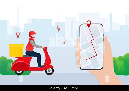 Fast delivery in flat style. Food delivery service. The courier rides a motorbike with the goods. Stock Vector