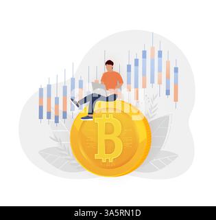 Bitcoin in flat style on white background. Man sits on bitcoin. Vector cryptocurrency. Bitcoin currency. Stock Vector