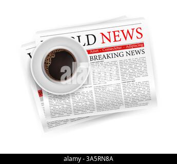 Coffee with newspaper in 3d style. Business design. Vector stock illustration. Stock Vector